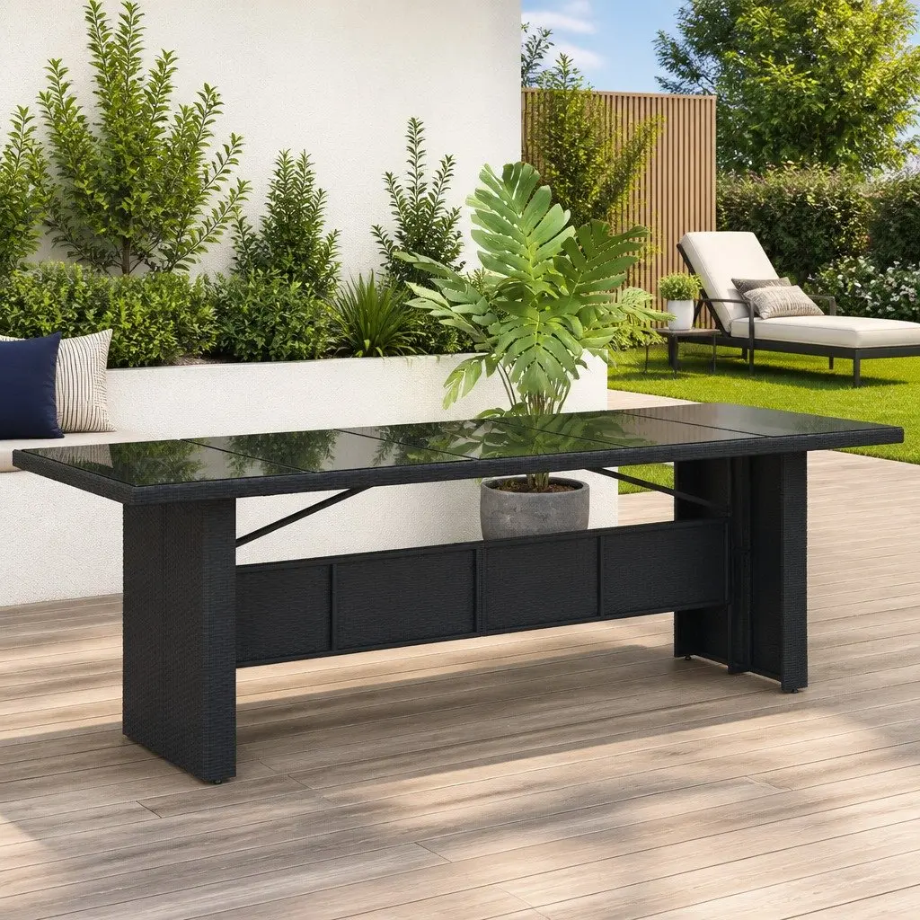 Garden Table with Glass Top and Poly Rattan Frame