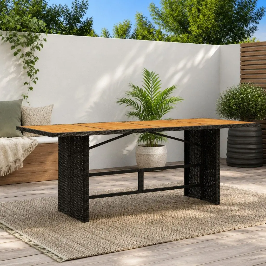 Garden Table Outdoor Patio Furniture Acacia Wood Top Black Poly Rattan Frame 190 x 80 x 75 cm
