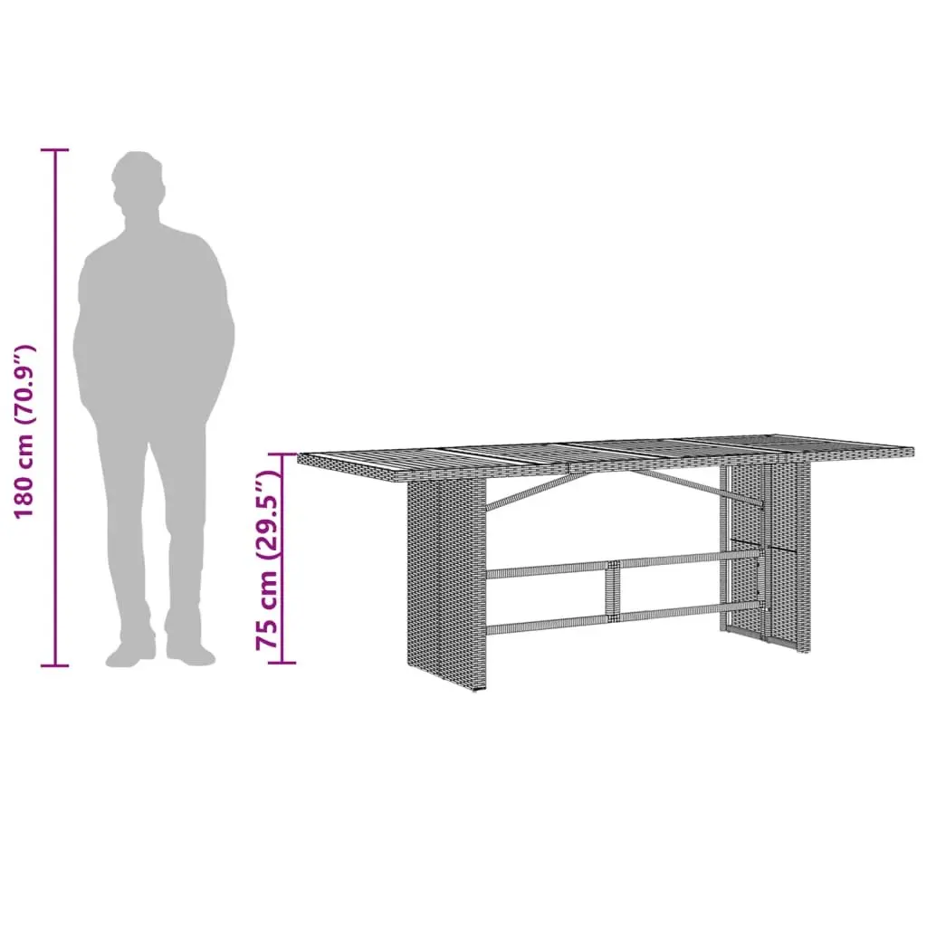 Garden Table Outdoor Patio Furniture Acacia Wood Top Black Poly Rattan Frame 190 x 80 x 75 cm