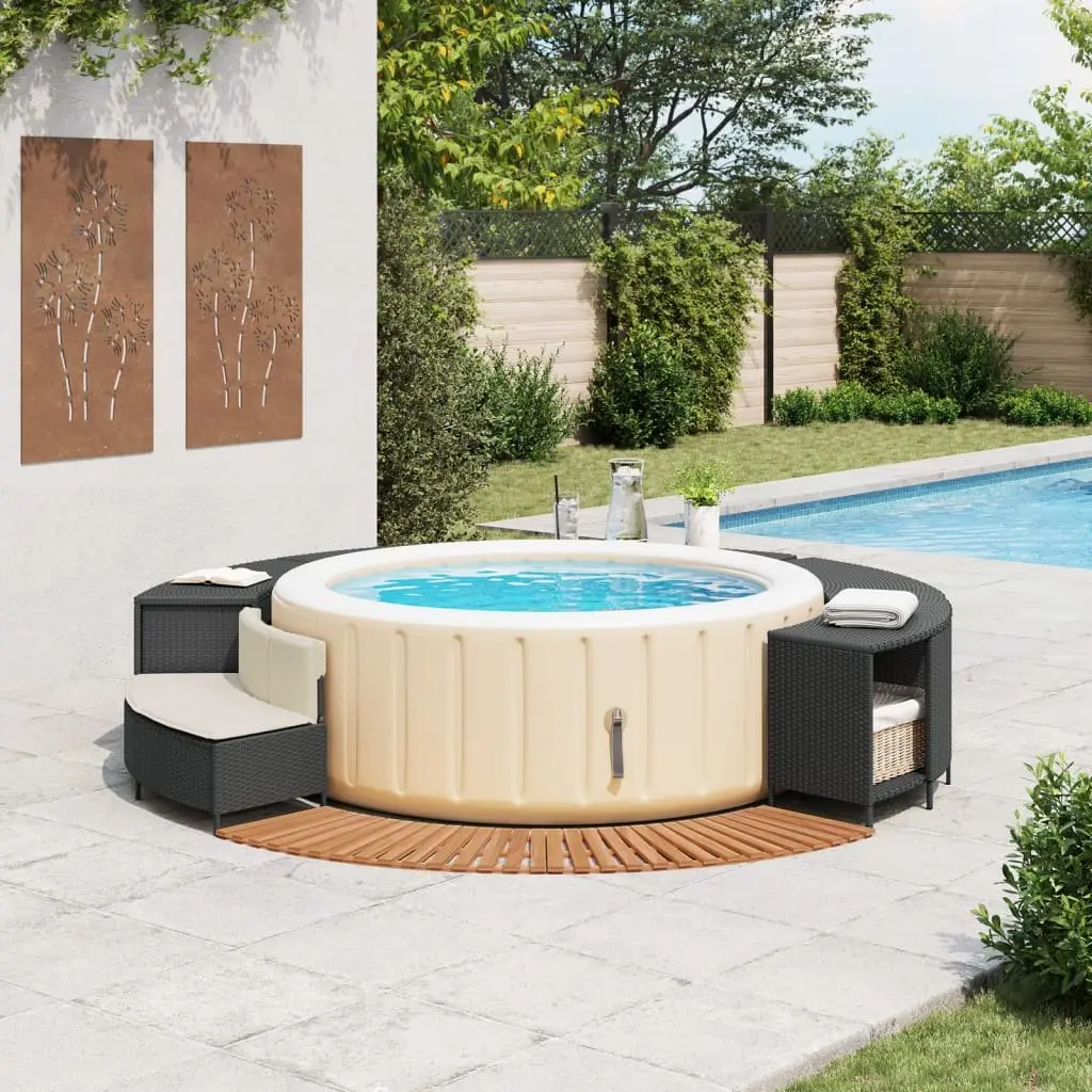 Hot Tub Surround Storage Bench Step PE Rattan Solid Acacia Wood Garden Spa Furniture Black