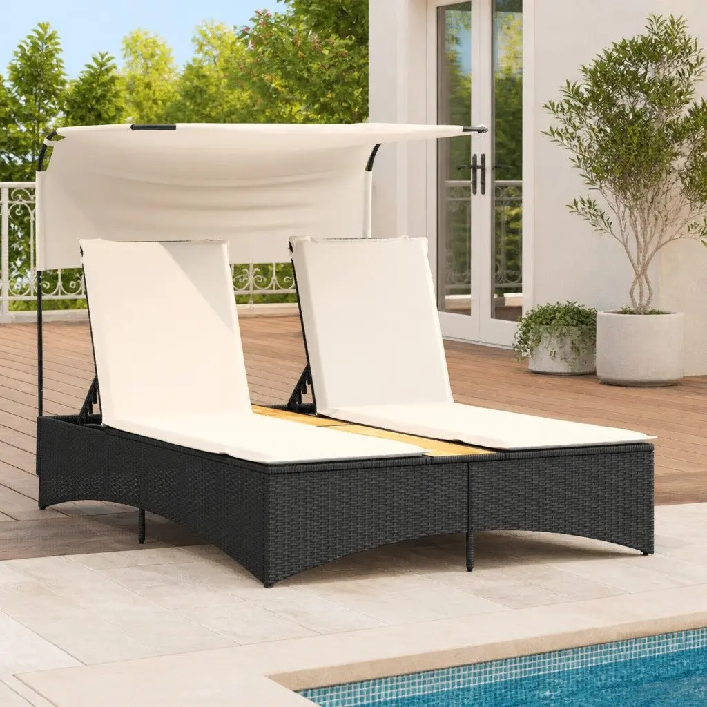 Double Sun Lounger Outdoor Garden Furniture Canopy Cushions Black