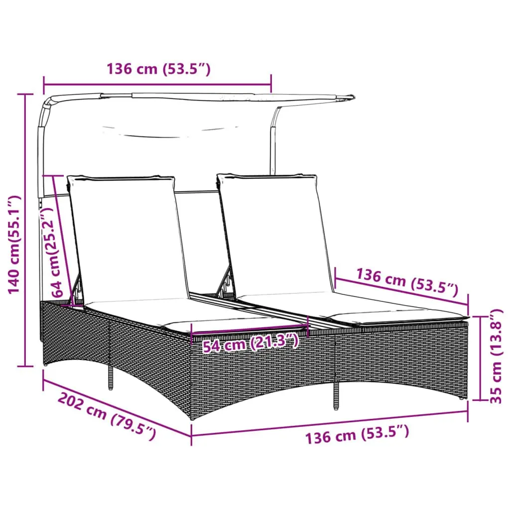 Double Sun Lounger Outdoor Garden Furniture Canopy Cushions Black