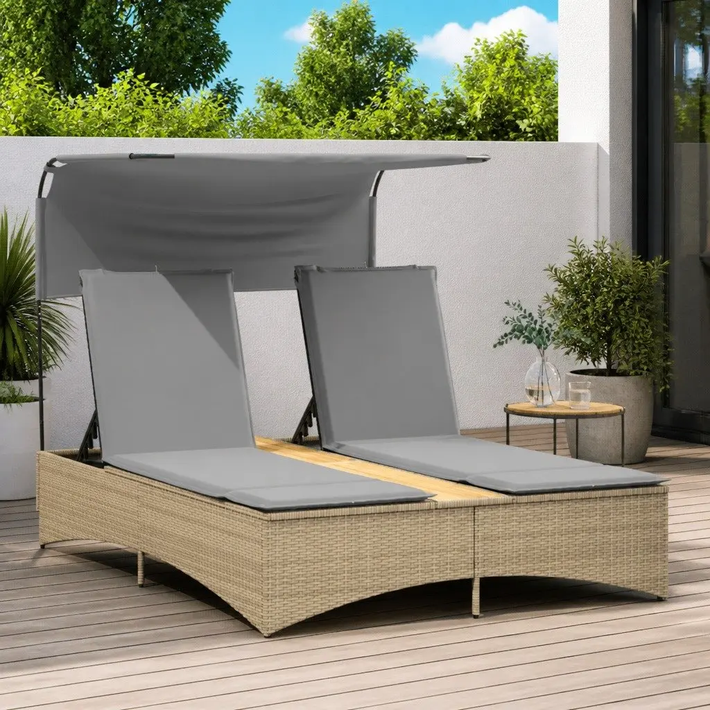 Double Sun Lounger Adjustable Backrest Canopy Outdoor Furniture Beige