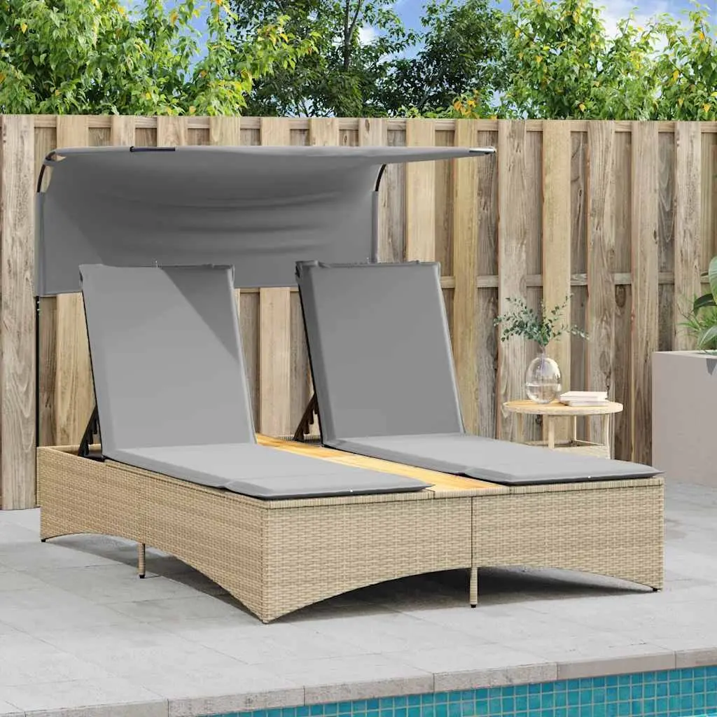 Double Sun Lounger Adjustable Backrest Canopy Outdoor Furniture Beige