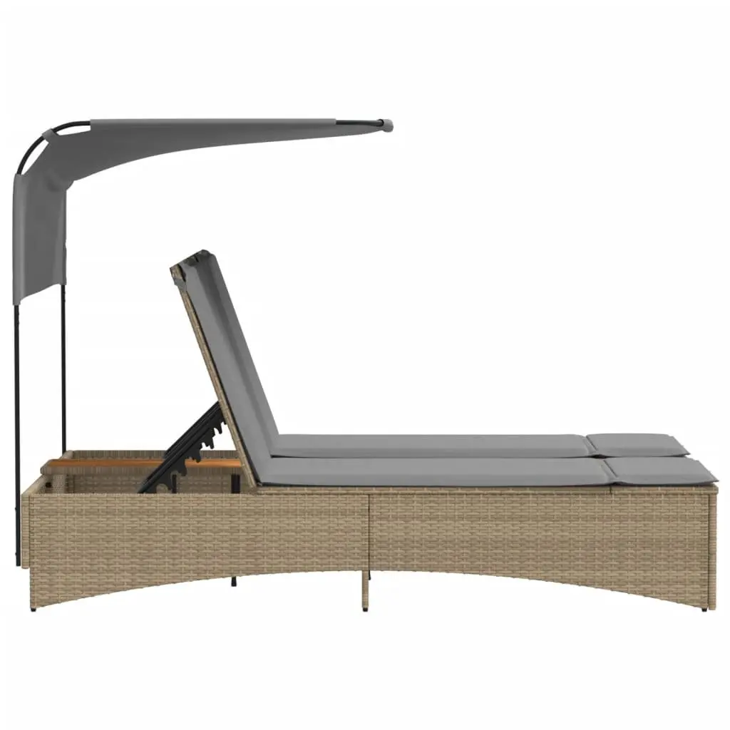 Double Sun Lounger Adjustable Backrest Canopy Outdoor Furniture Beige