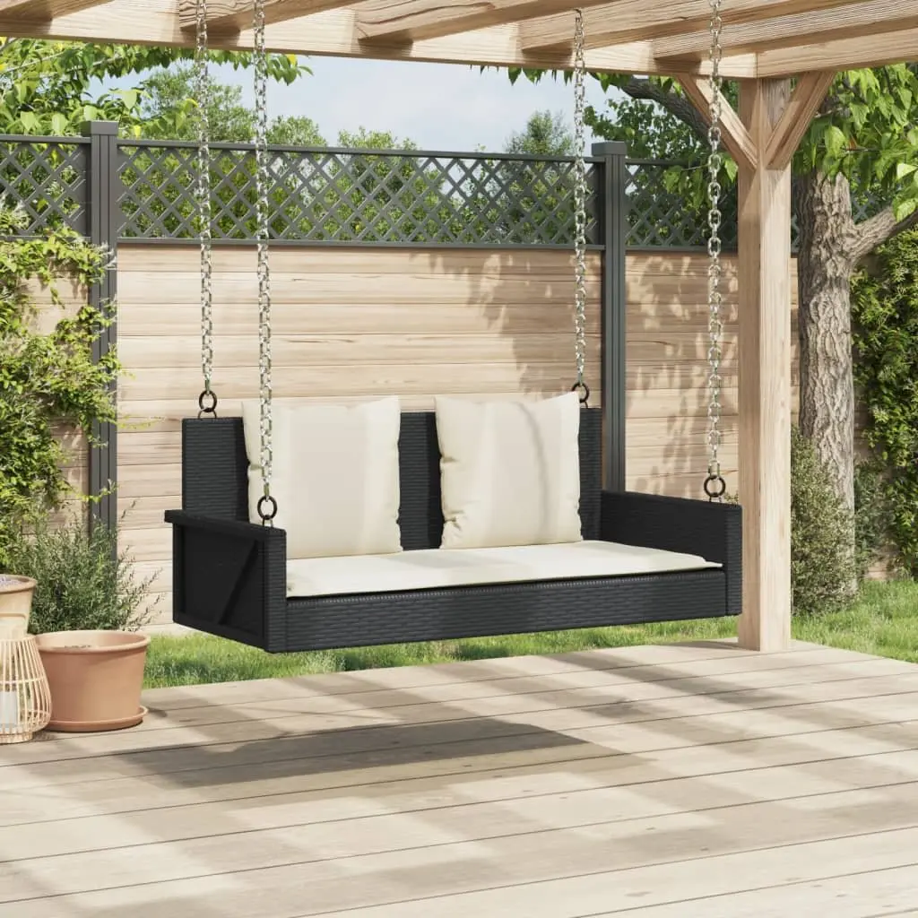Outdoor Swing Bench Black Poly Rattan Garden Hanging Seat with Cushions