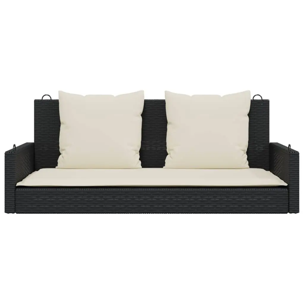 Outdoor Swing Bench Black Poly Rattan Garden Hanging Seat with Cushions