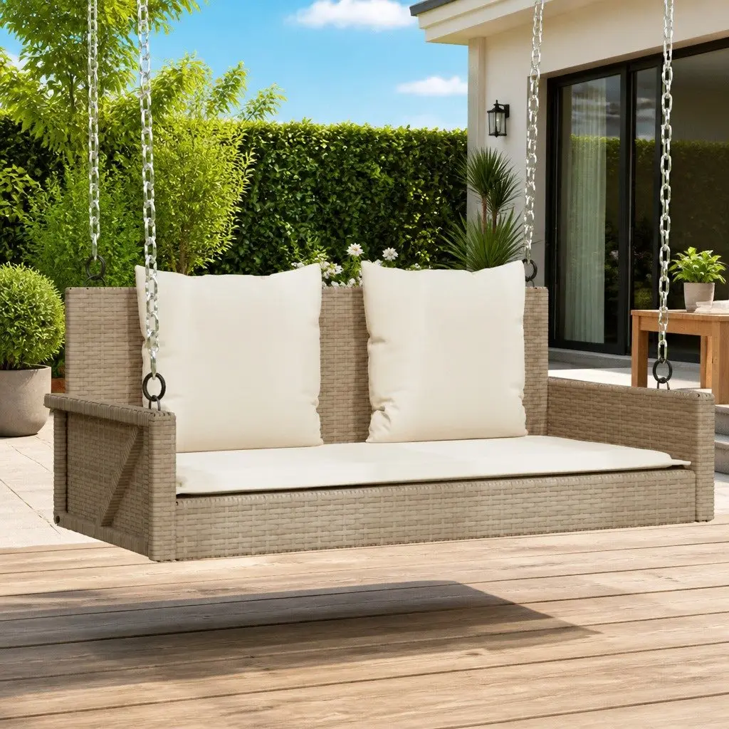 Swing Bench Outdoor Garden Seating 119x56x48cm Beige Poly Rattan with Cushions