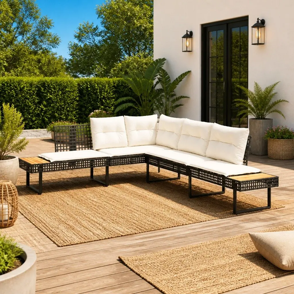 L-Shaped Garden Sofa Set in Black Rattan