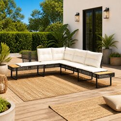 Comfortable L-Shaped Garden Sofa Set in Black Rattan