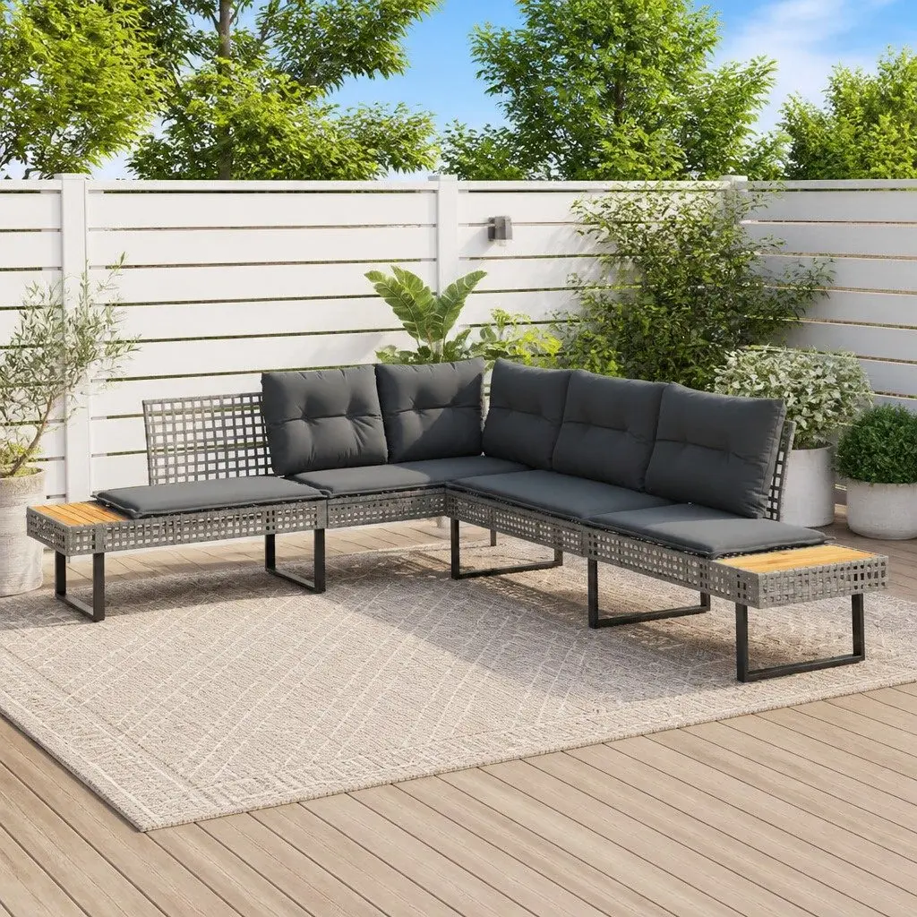 L-Shaped Garden Sofa Set Cushions Grey Poly Rattan Outdoor Patio Furniture