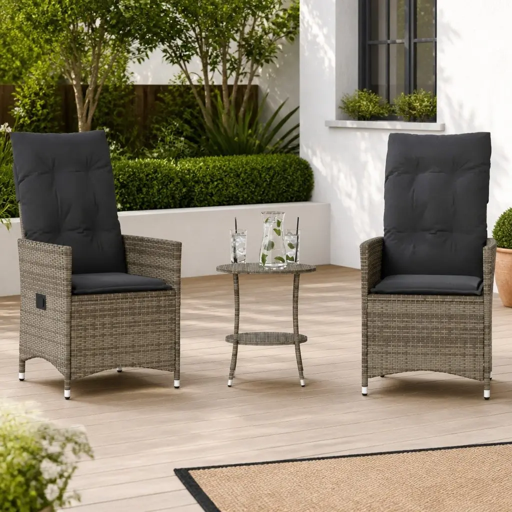 Outdoor Bistro Set 3 Piece Garden Furniture Cushioned Grey Poly Rattan