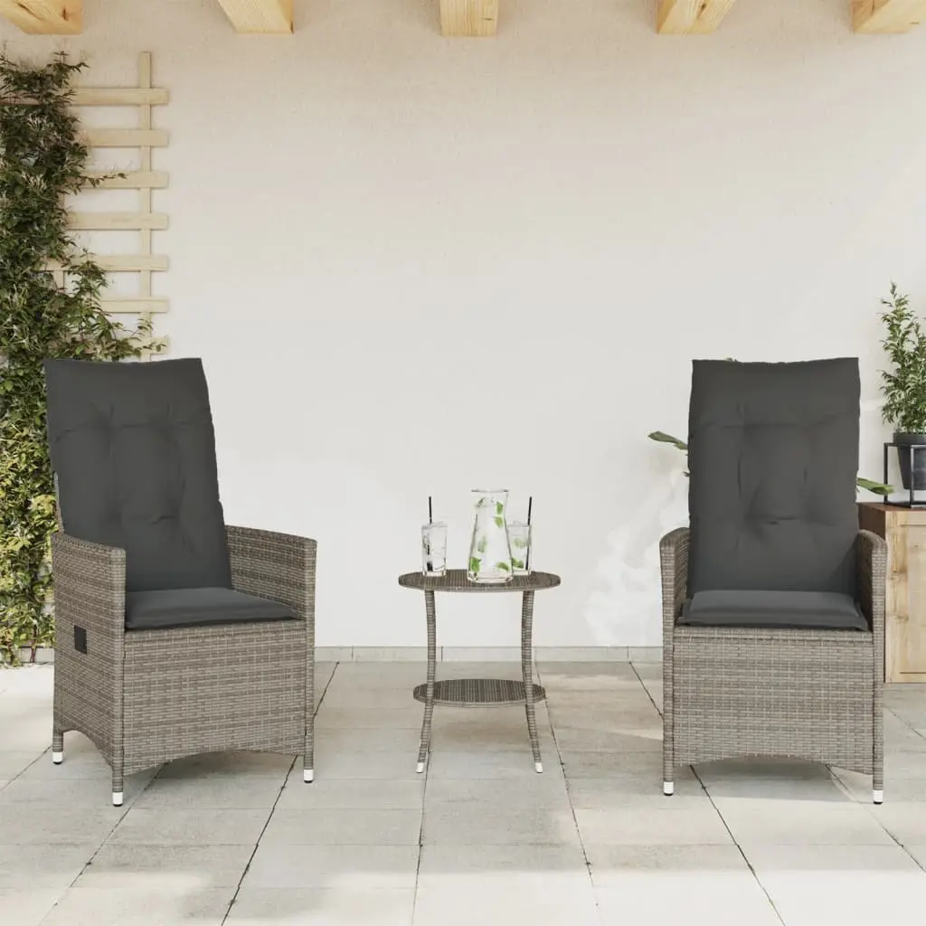 Outdoor Bistro Set 3 Piece Garden Furniture Cushioned Grey Poly Rattan