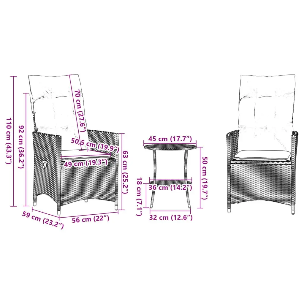 Outdoor Bistro Set 3 Piece Garden Furniture Cushioned Grey Poly Rattan