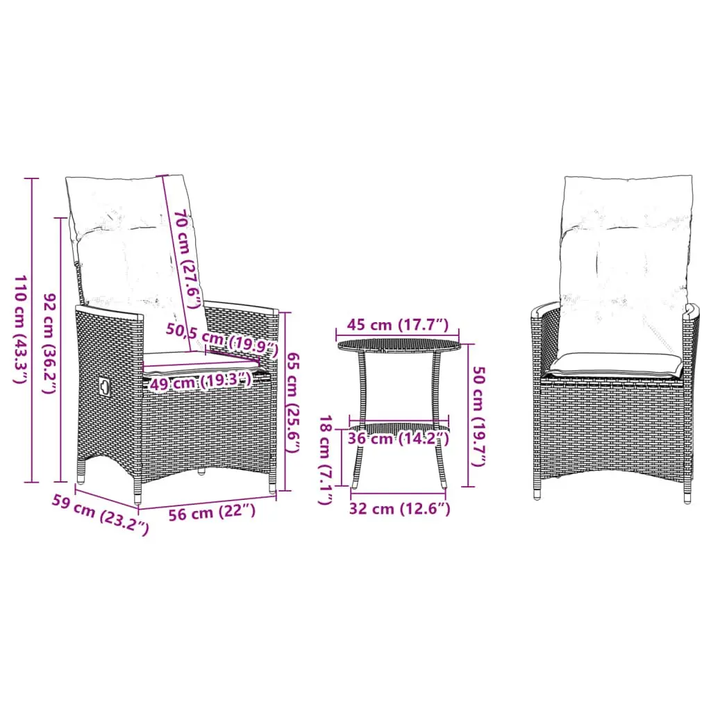 3 Piece Outdoor Bistro Set Garden Furniture Adjustable Backrest Black Poly Rattan