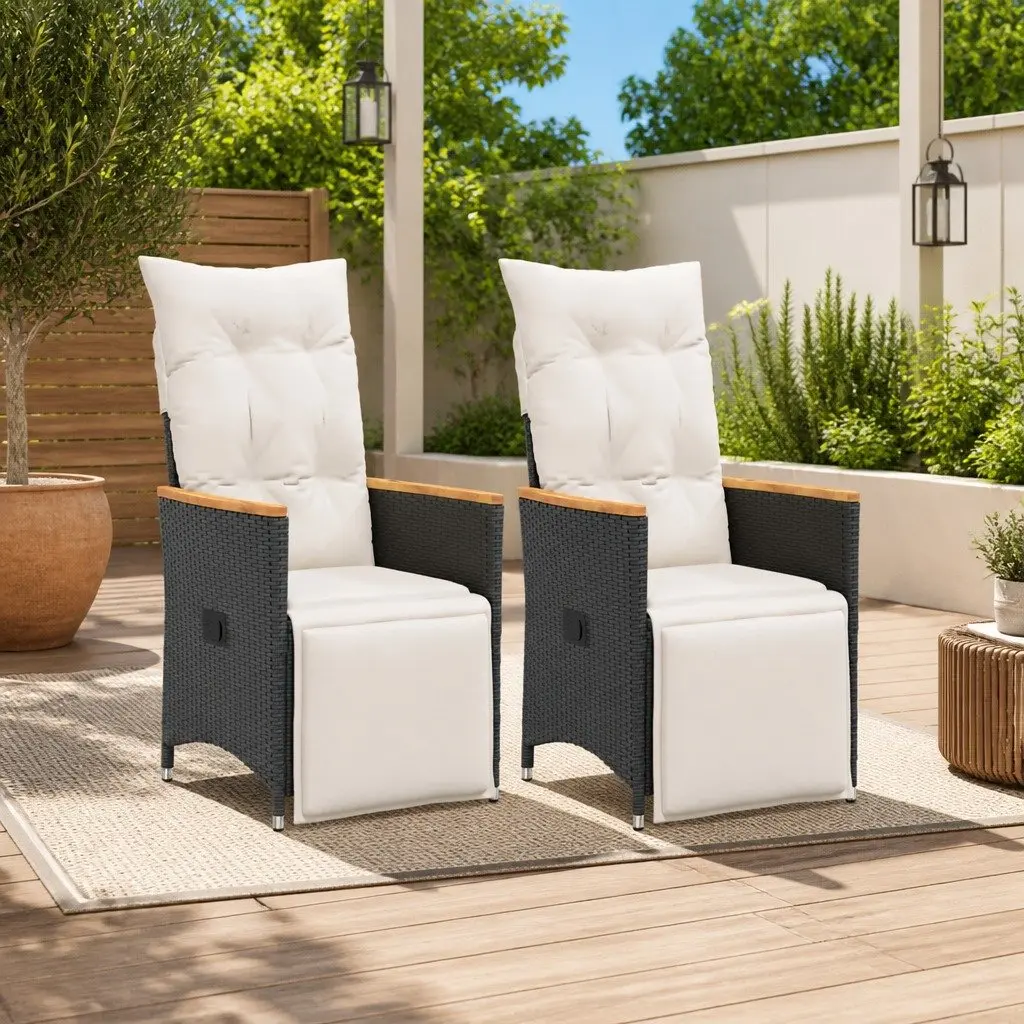 Reclining Garden Chairs Adjustable Black Outdoor Seating 2 Piece with Cushions