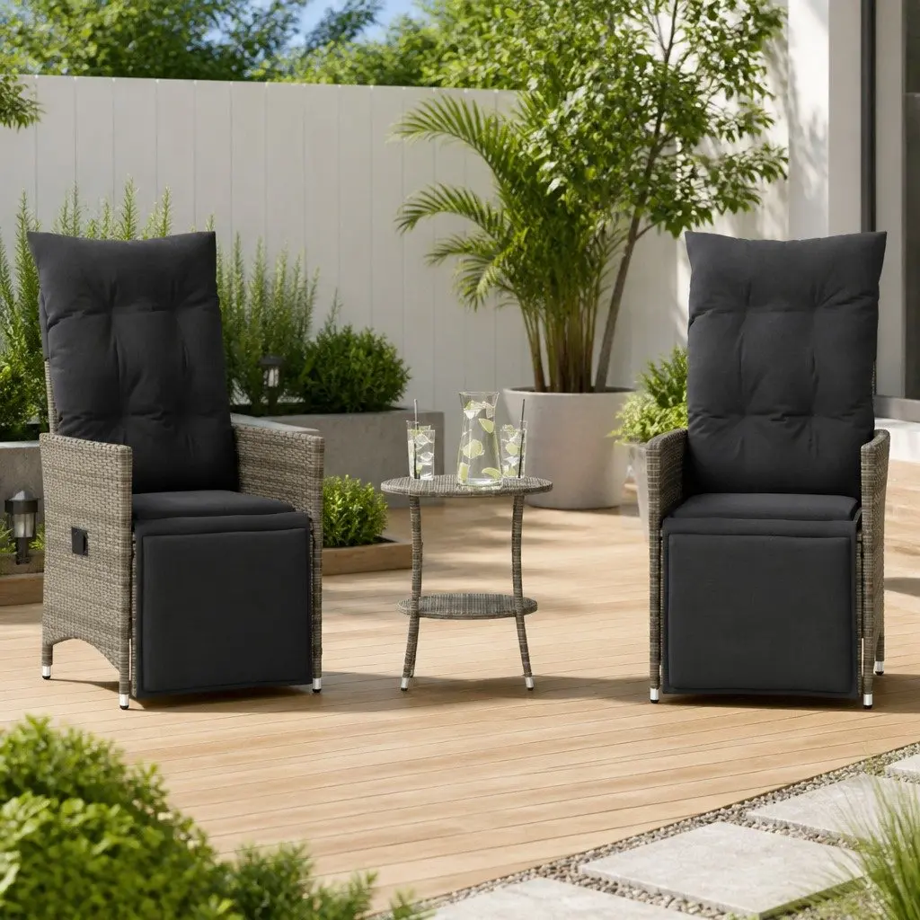 3 Piece Bistro Set Outdoor Furniture Adjustable Grey PE Rattan with Cushions