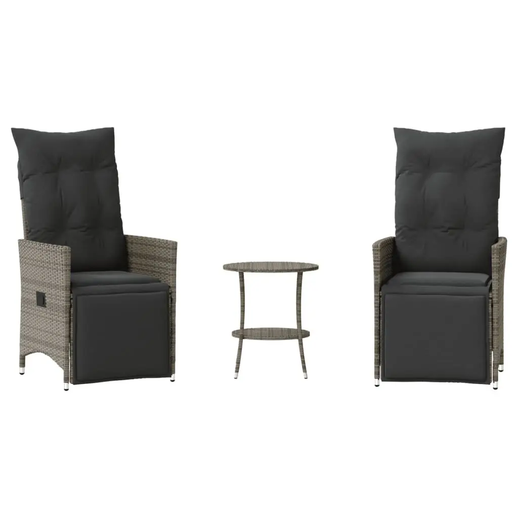3 Piece Bistro Set Outdoor Furniture Adjustable Grey PE Rattan with Cushions