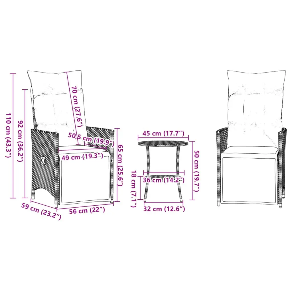 3 Piece Bistro Set Outdoor Furniture Adjustable Grey PE Rattan with Cushions