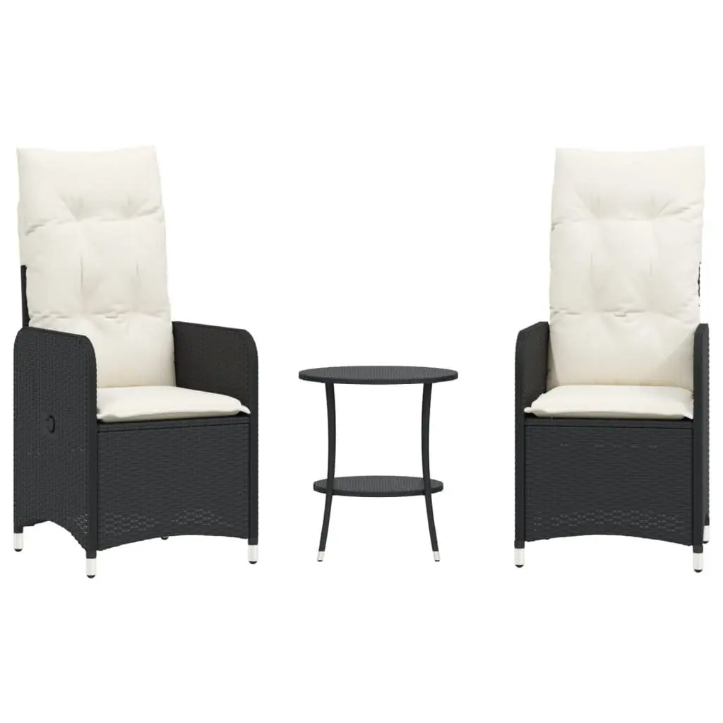Reclining Garden Chairs 2 pc Set with Table Black Poly Rattan Outdoor Seating