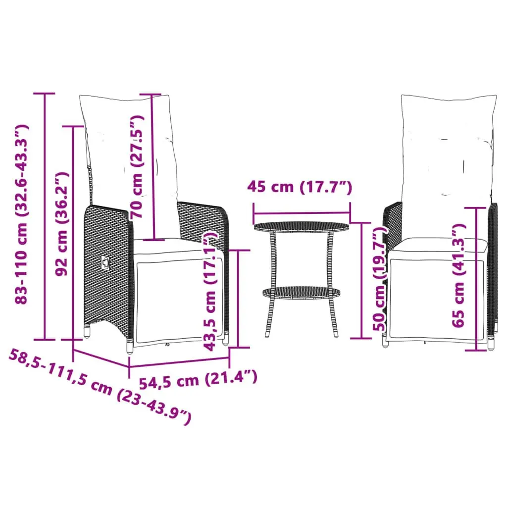 Grey Reclining Garden Chairs Set with Table