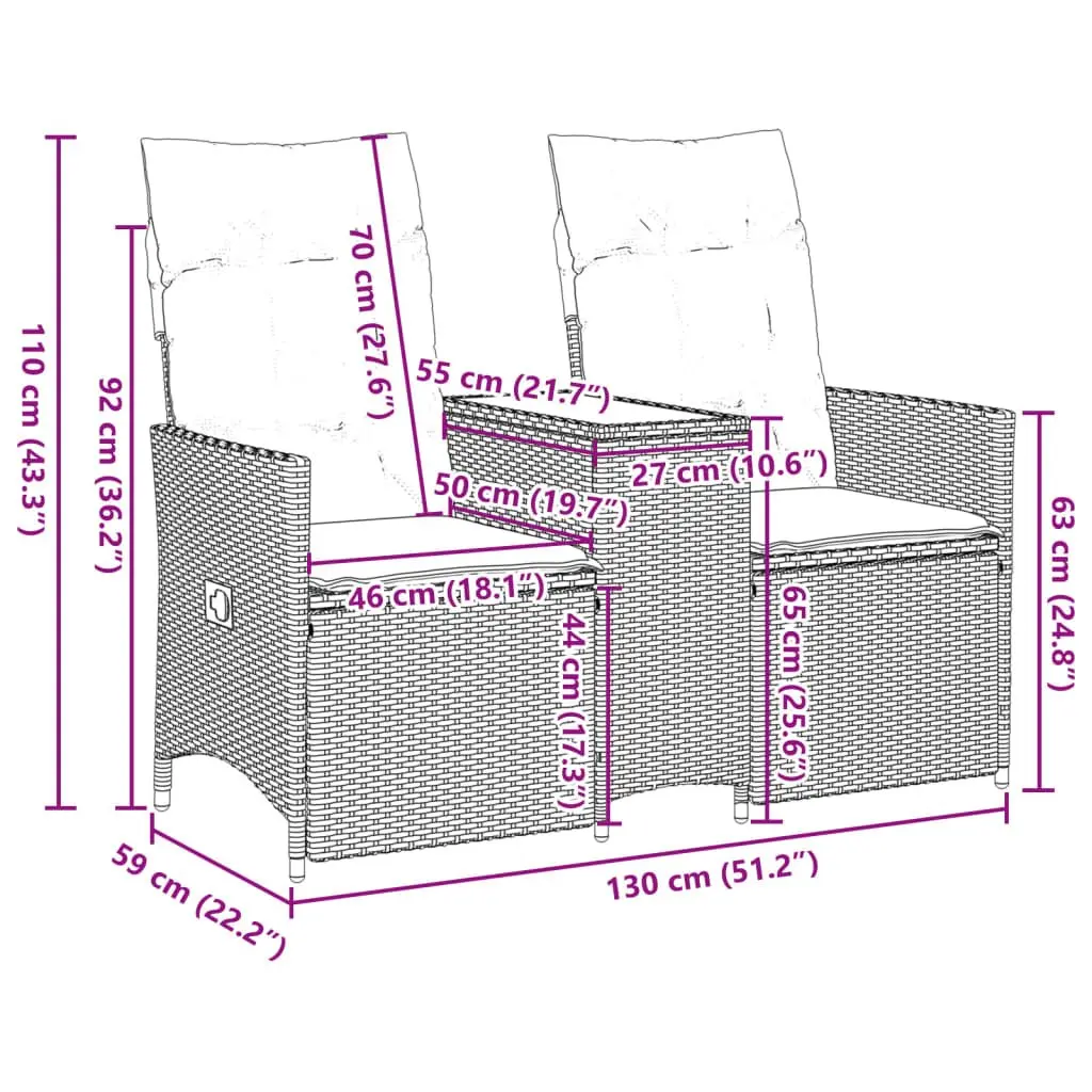 Reclining Garden Sofa 2-Seater Outdoor with Integrated Table Black