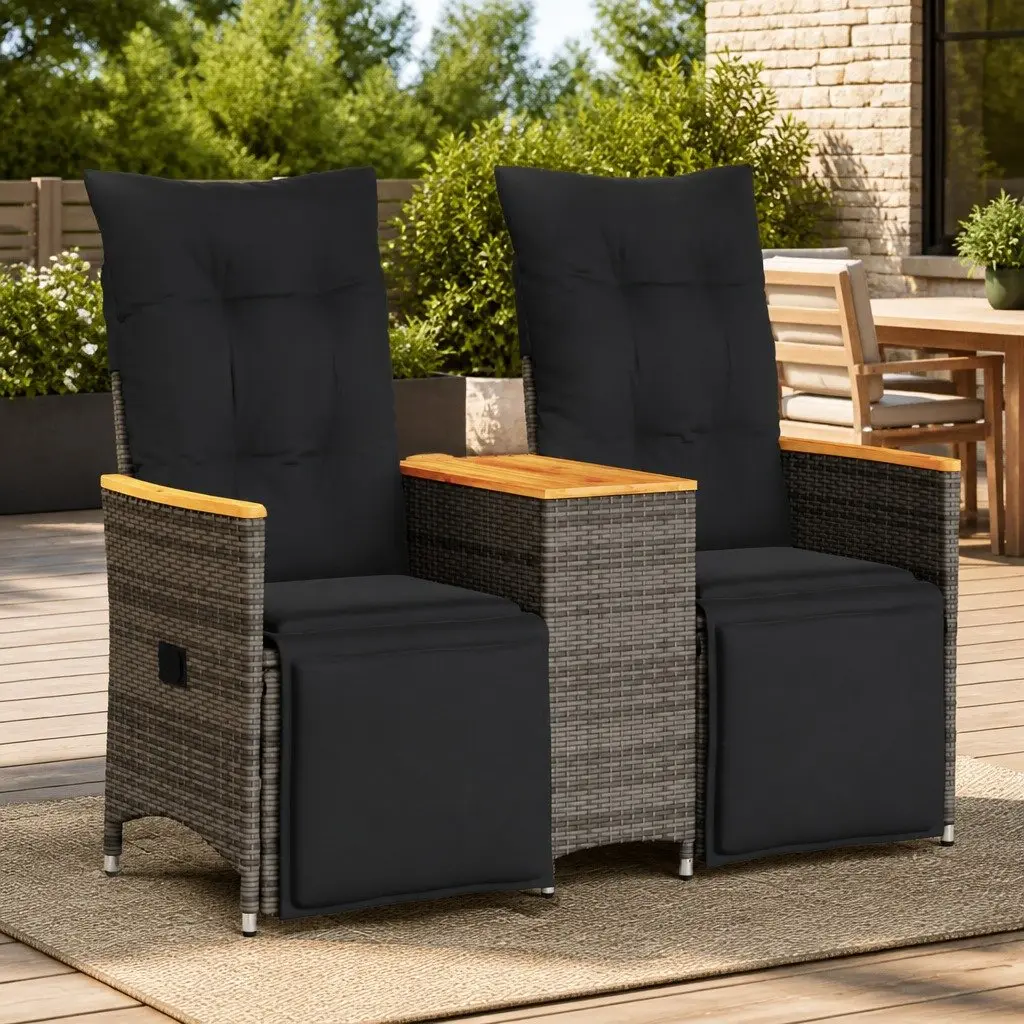 Reclining Garden Sofa 2-Seater Outdoor Grey Poly Rattan with Central Table