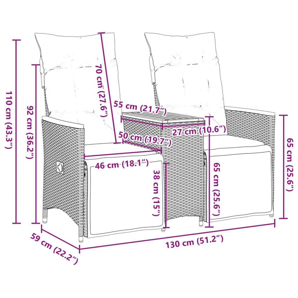Reclining Garden Sofa 2-Seater Outdoor Grey Poly Rattan with Central Table