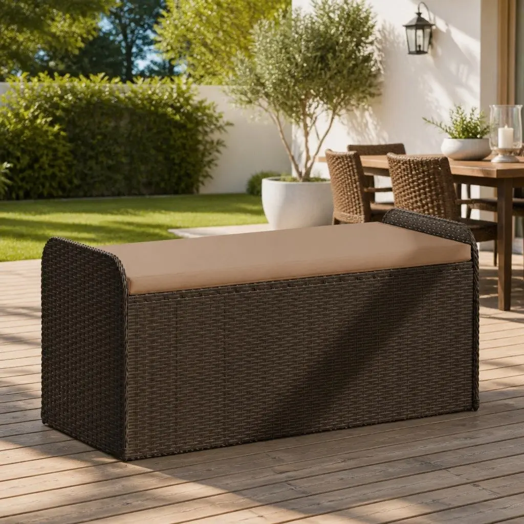 Outdoor Storage Bench Garden Seating 115 x 51 x 52 cm Brown Poly Rattan