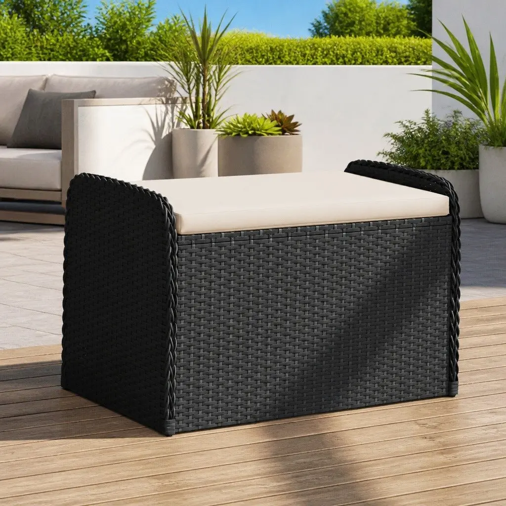 Outdoor Storage Bench Black Seating 80 x 51 x 52 cm PE Rattan with Cushion