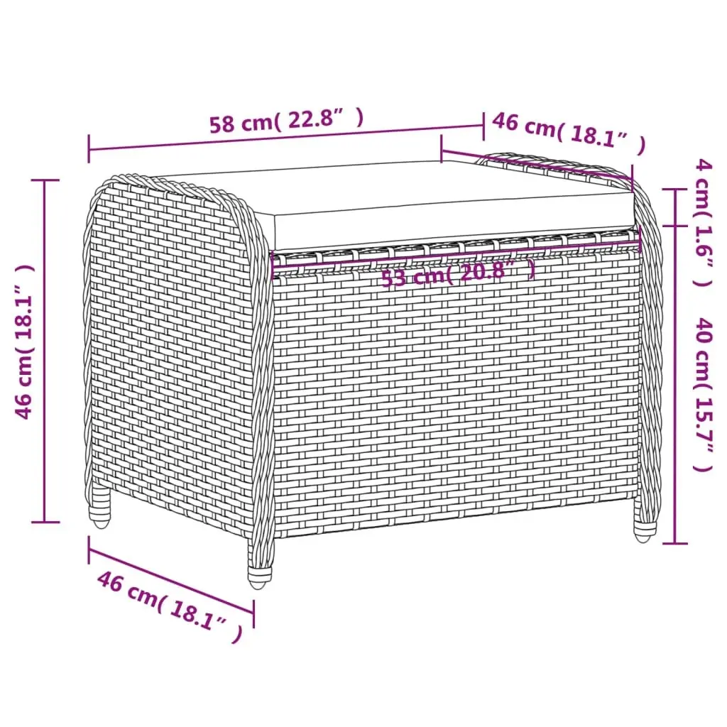 Garden Stool Outdoor Foot Rest 58W x 46D x 46H cm Grey Poly Rattan Padded Seat