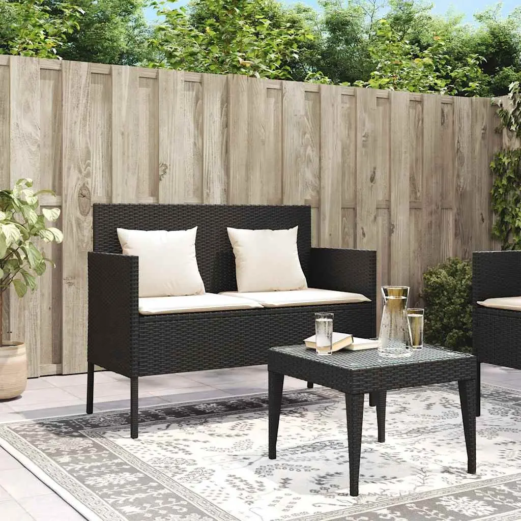 Garden Bench with Storage Cushions Black Poly Rattan Outdoor Seating Furniture