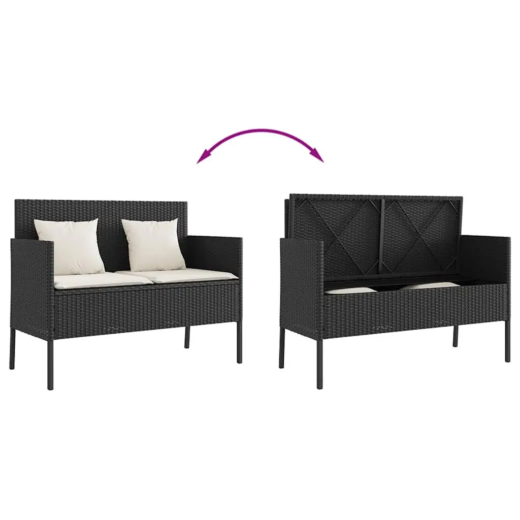 Garden Bench with Storage Cushions Black Poly Rattan Outdoor Seating Furniture