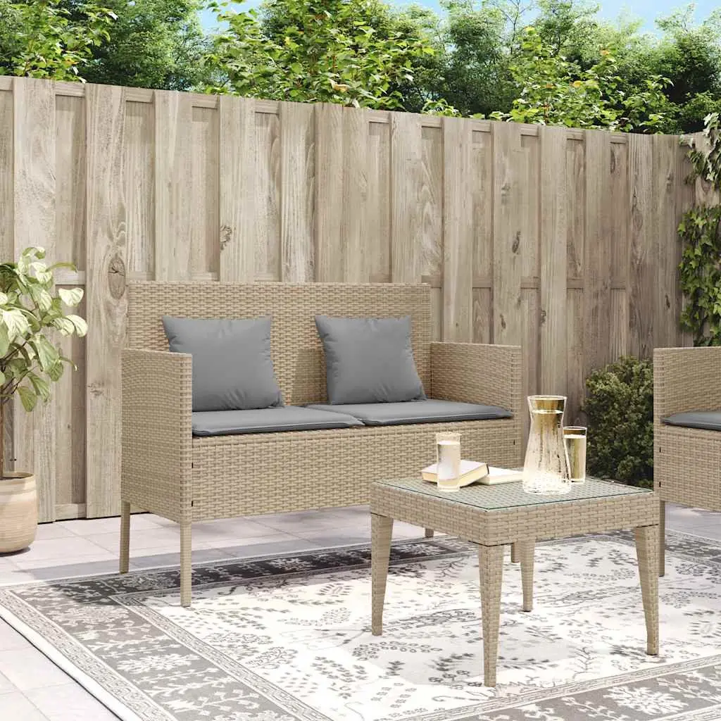 Garden Bench Storage Outdoor Seating Beige Poly Rattan with Padded Cushion