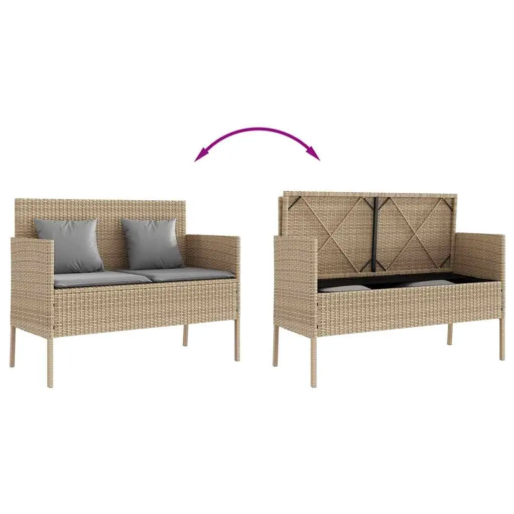 Garden Bench Storage Outdoor Seating Beige Poly Rattan with Padded Cushion