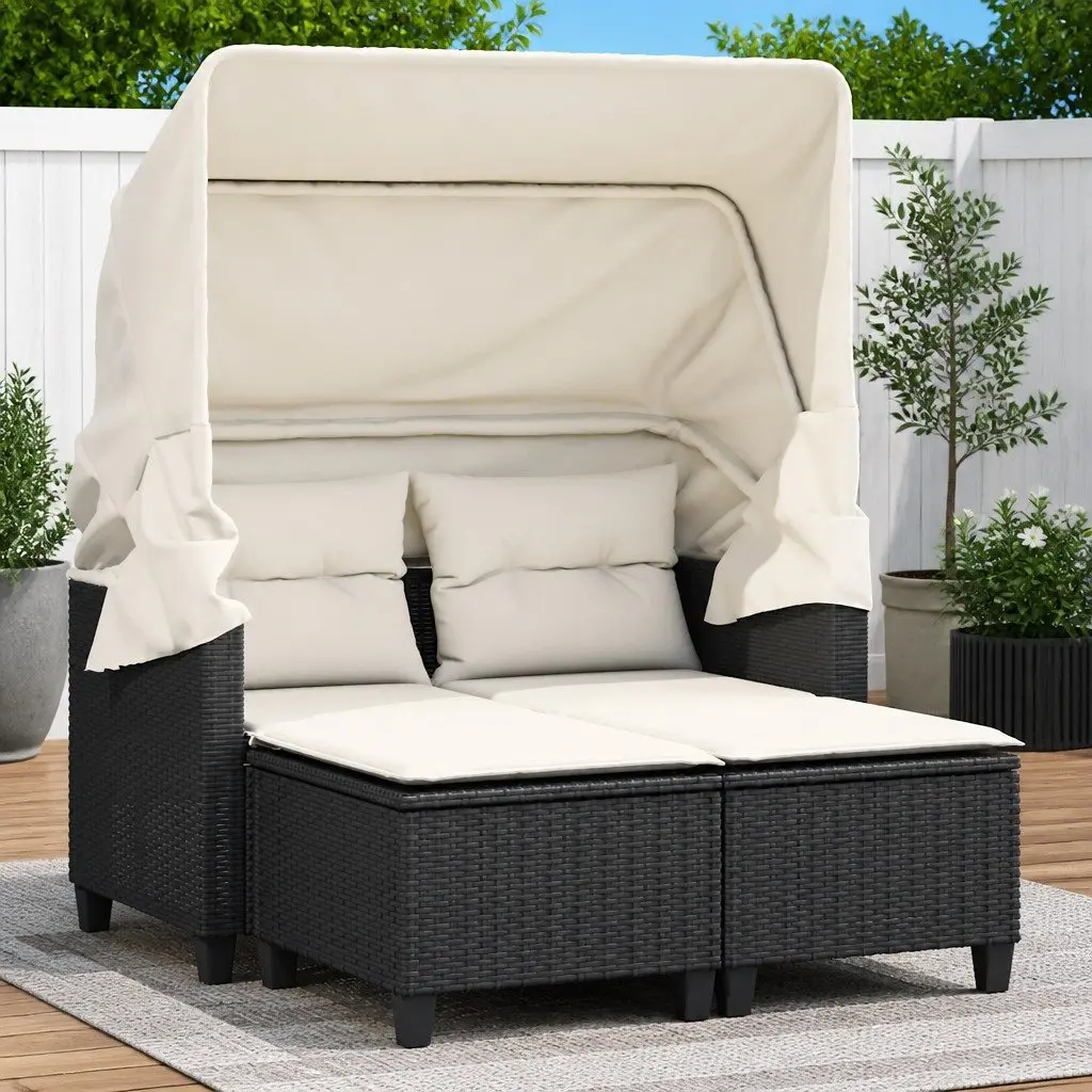 Outdoor Garden Sofa 2-Seater Retractable Canopy Stools Black Poly