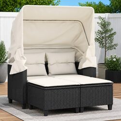 Outdoor Garden Sofa 2-Seater with Retractable Canopy and Stools Black Poly