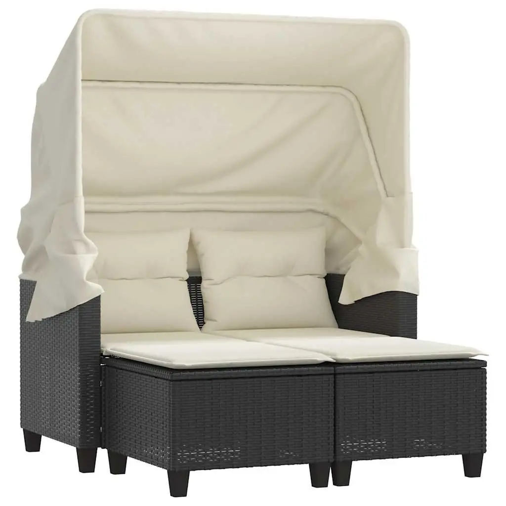 Outdoor Garden Sofa 2-Seater Retractable Canopy Stools Black Poly
