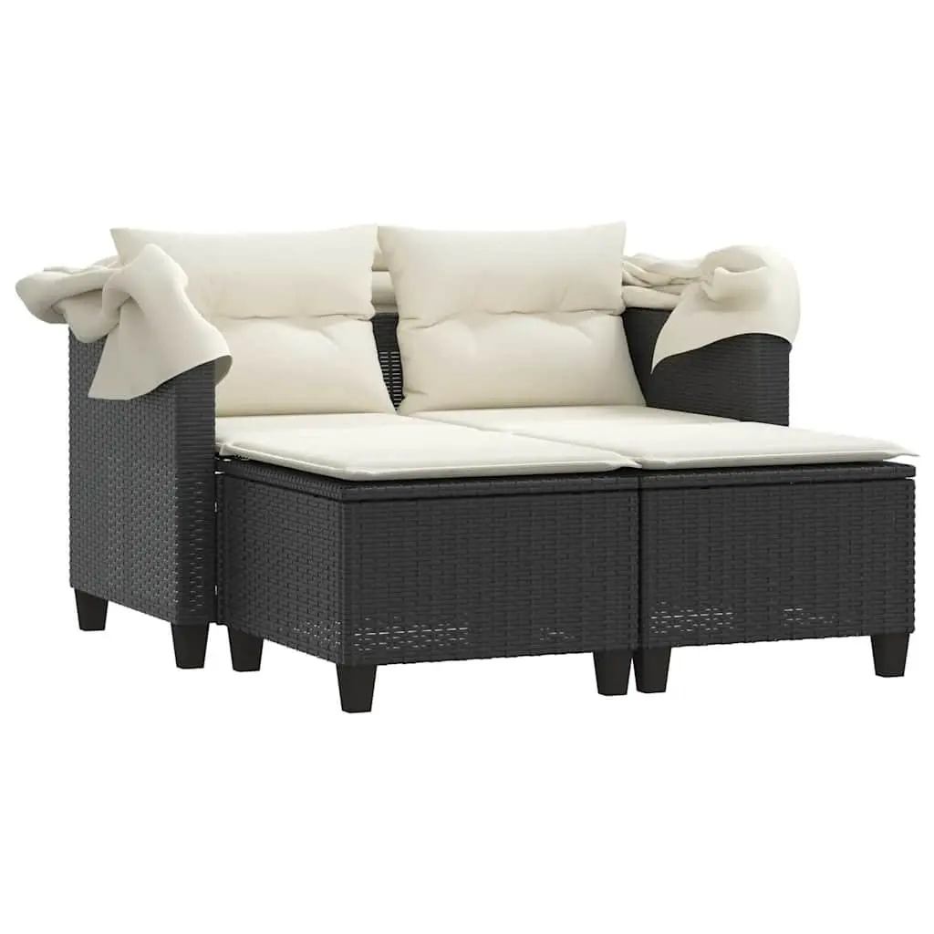 Outdoor Garden Sofa 2-Seater Retractable Canopy Stools Black Poly