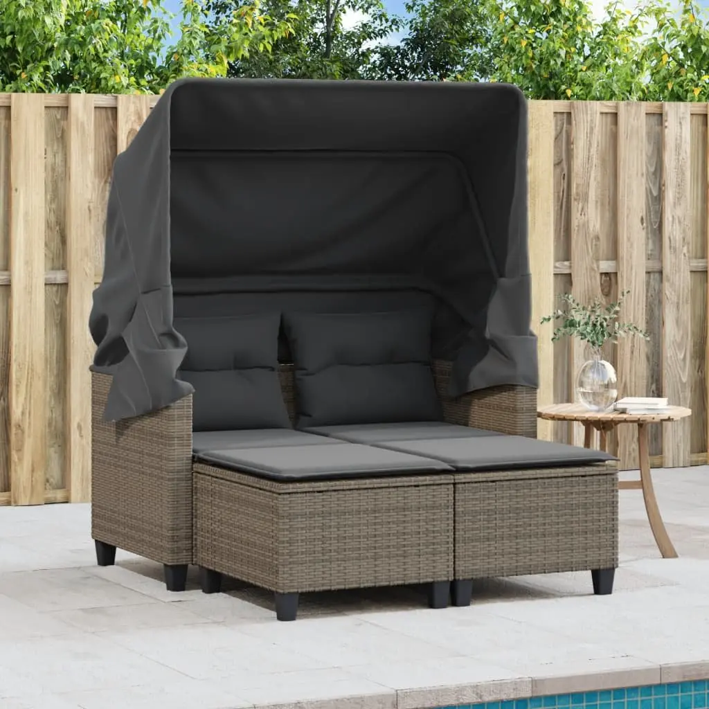 Garden Sofa 2-Seater Outdoor with Canopy Stool Grey Rattan