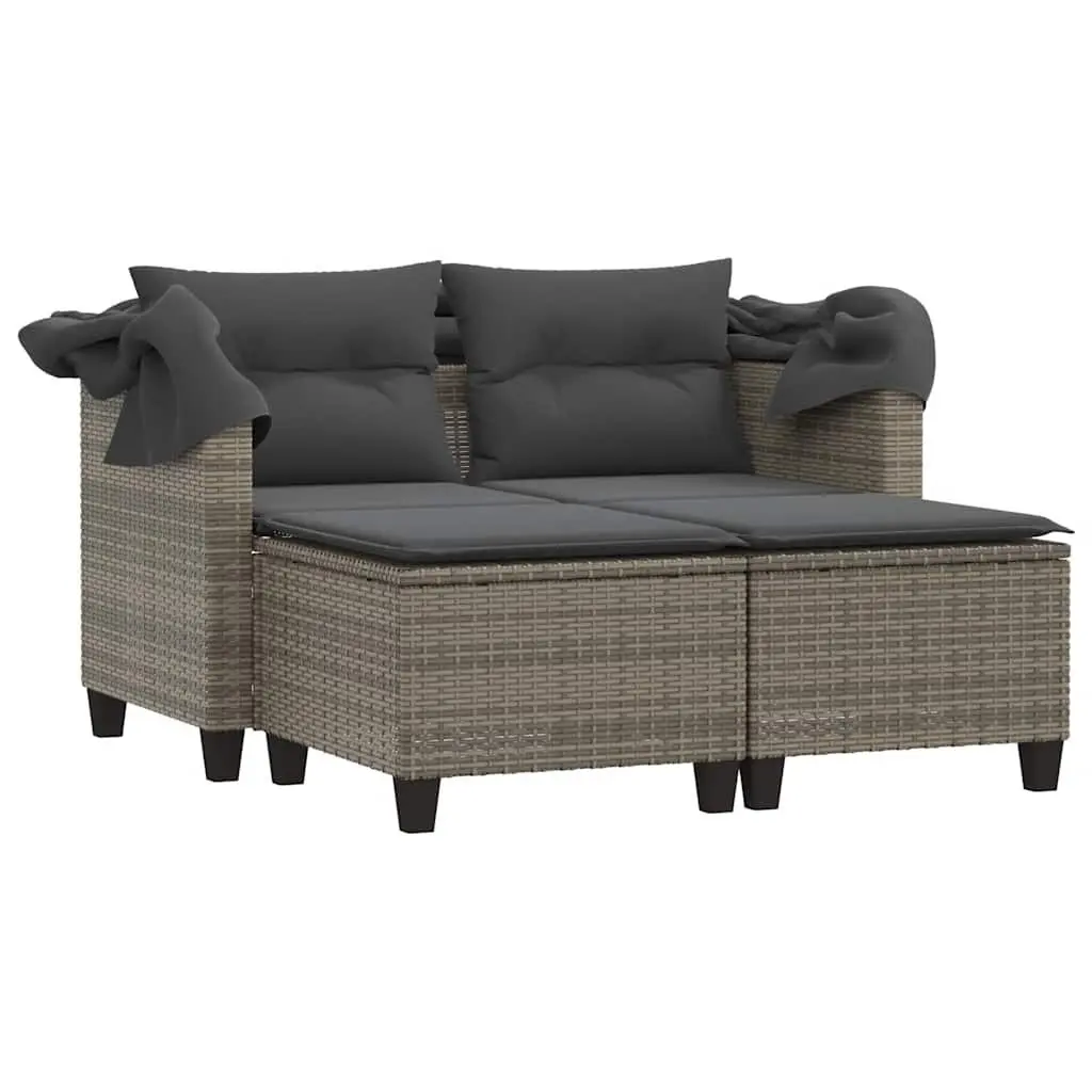 Garden Sofa 2-Seater Outdoor with Canopy Stool Grey Rattan