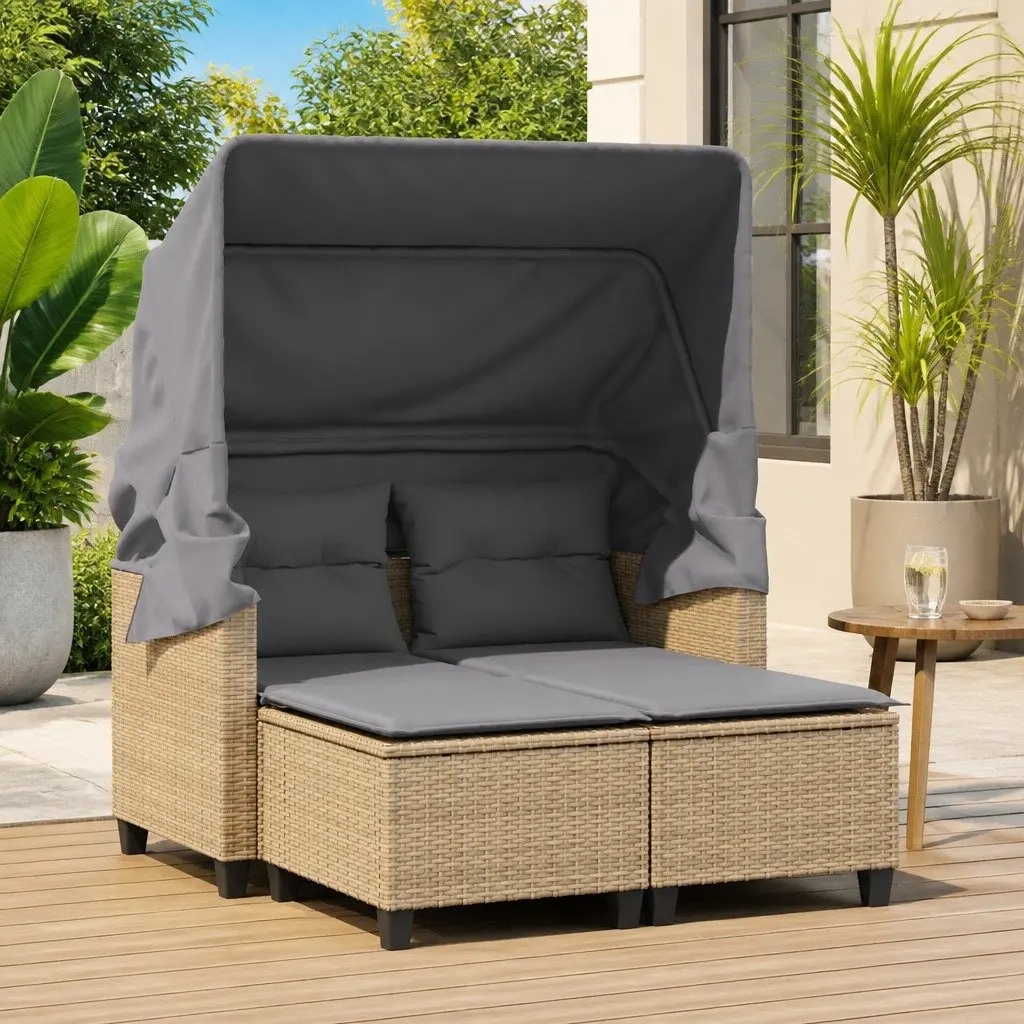 Outdoor Garden 2-Seater Sofa Beige Poly Rattan with Canopy and Stools
