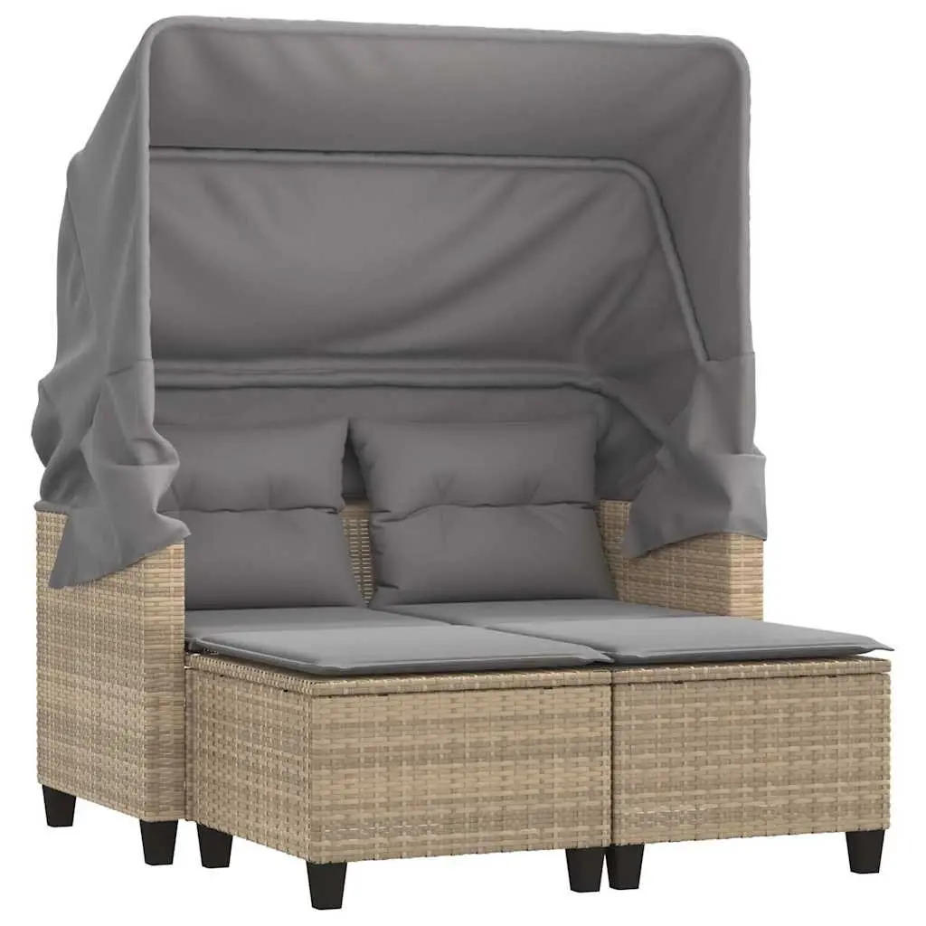 Outdoor Garden 2-Seater Sofa Beige Poly Rattan with Canopy and Stools