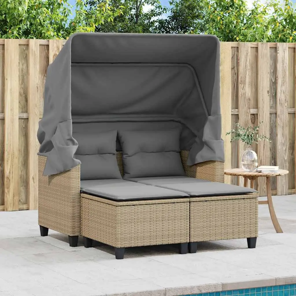 Outdoor Garden 2-Seater Sofa Beige Poly Rattan with Canopy and Stools