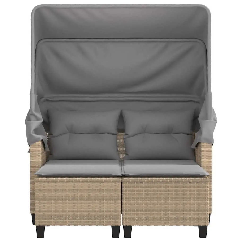 Outdoor Garden 2-Seater Sofa Beige Poly Rattan with Canopy and Stools
