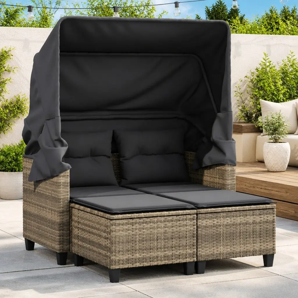 Garden Sofa 2-Seater with Canopy and Stools Grey Poly Rattan Outdoor