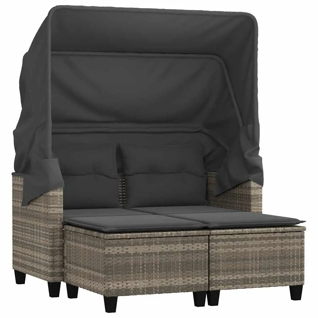 Garden Sofa 2-Seater with Canopy and Stools Grey Poly Rattan Outdoor