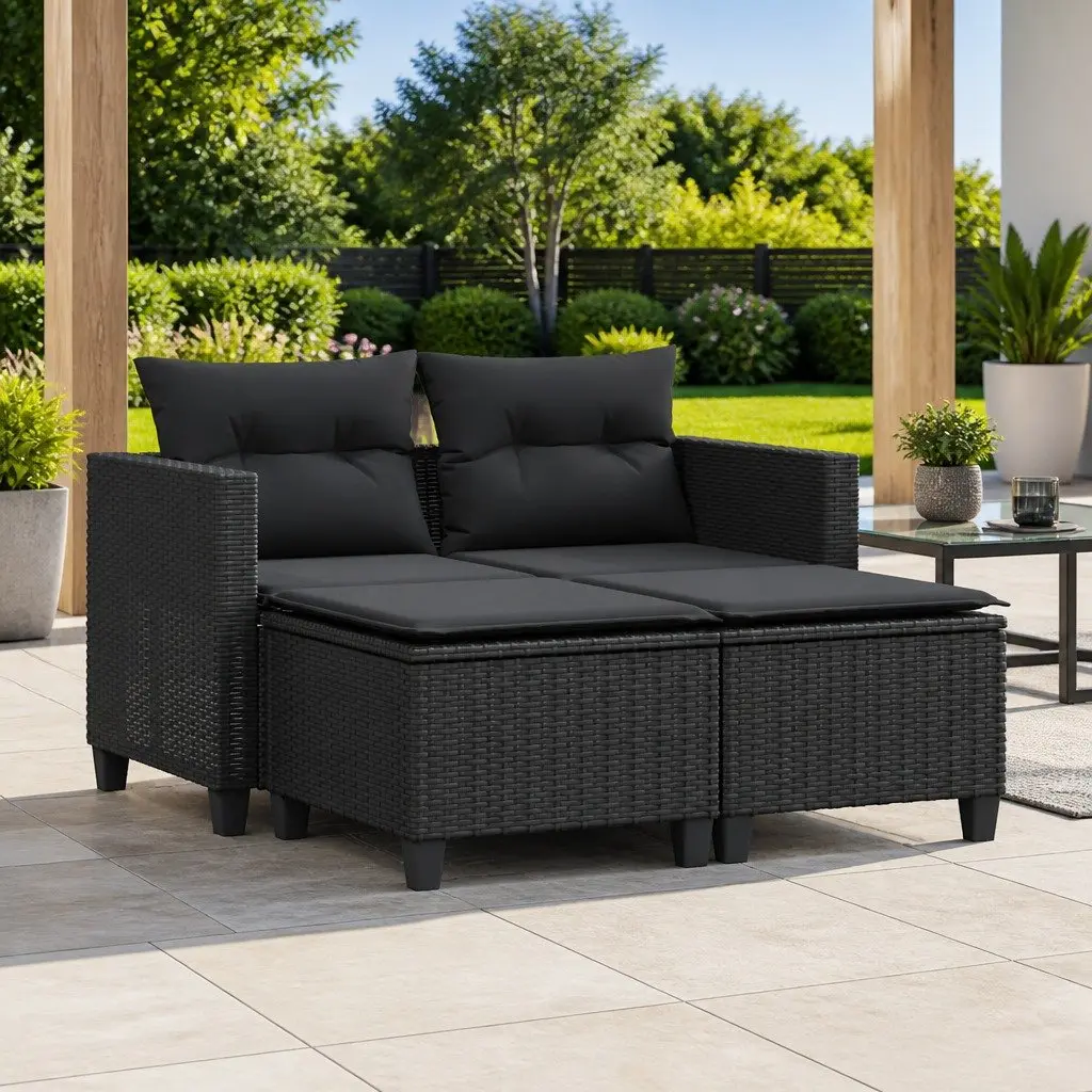 Garden Sofa 2-Seater Outdoor Lounge with Stools Black PE Rattan