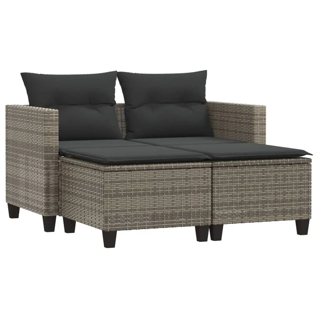 Outdoor Garden Sofa 2-Seater with Footstools Grey Poly Rattan Patio Lounge