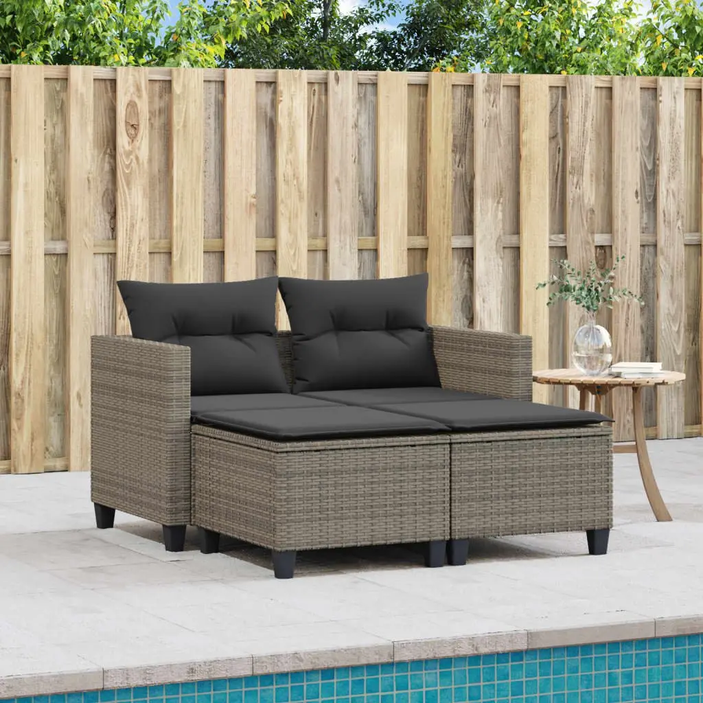 Outdoor Garden Sofa 2-Seater with Footstools Grey Poly Rattan Patio Lounge